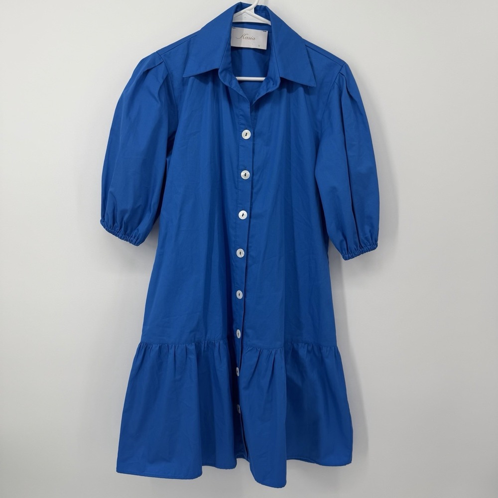 Kasia Blue Mini Dress Button Front Balloon Sleeve Women's Size Small Tiered